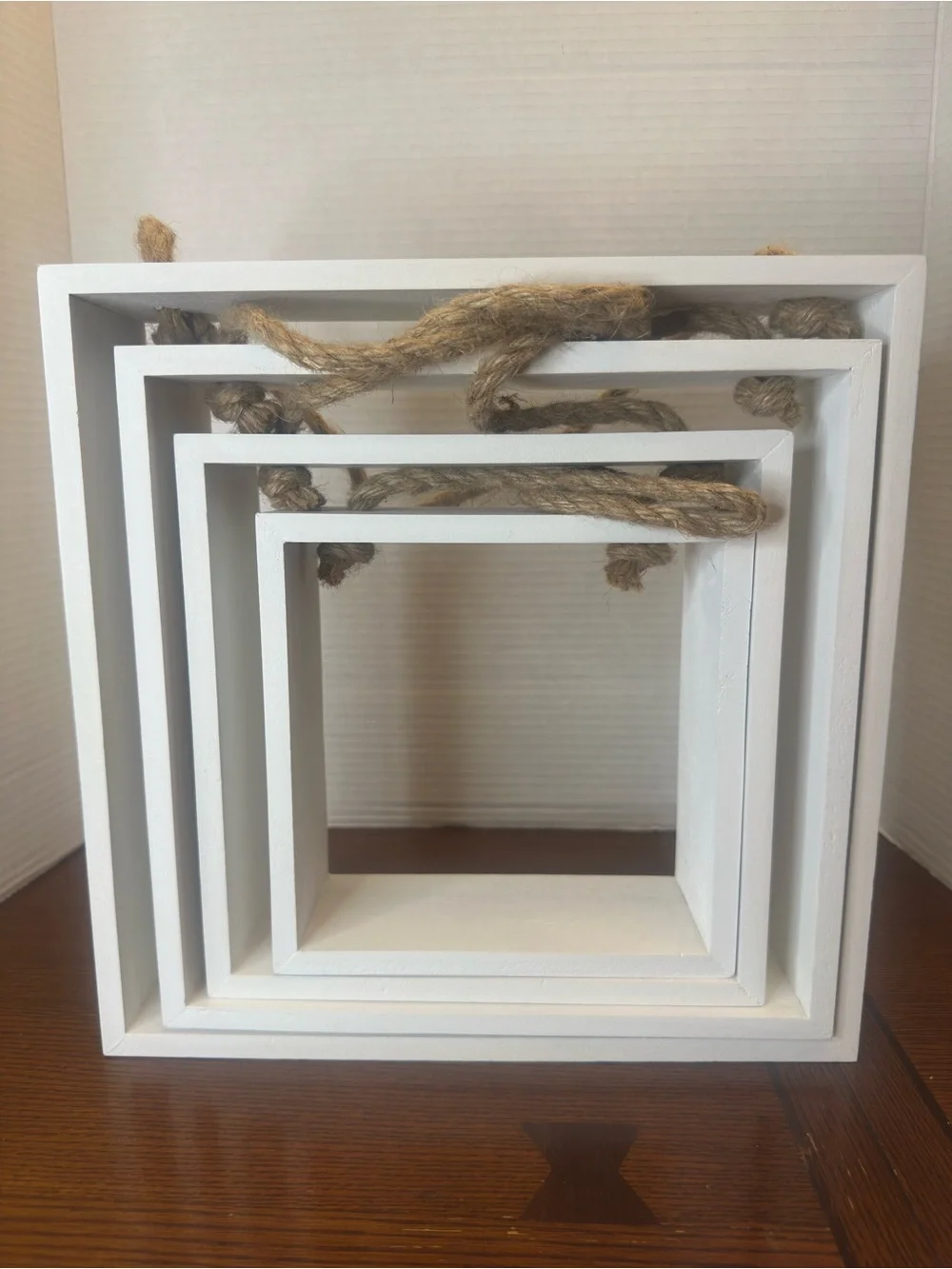 Set of 4 Nesting White Wooden Square Floating Cube Shelves with Jute Rope